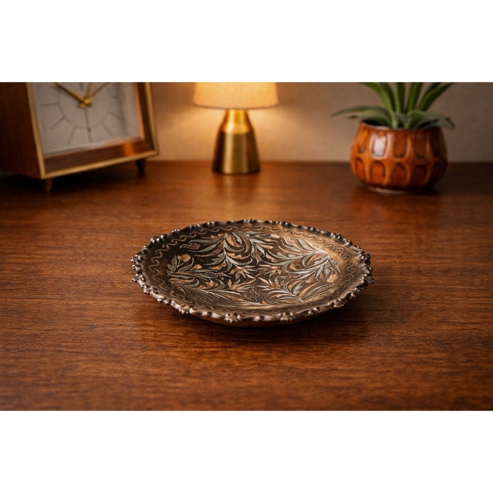 Vintage Copper Footed Bowl | Hand-Etched Boho Floral Dish |‎ Artist Signed